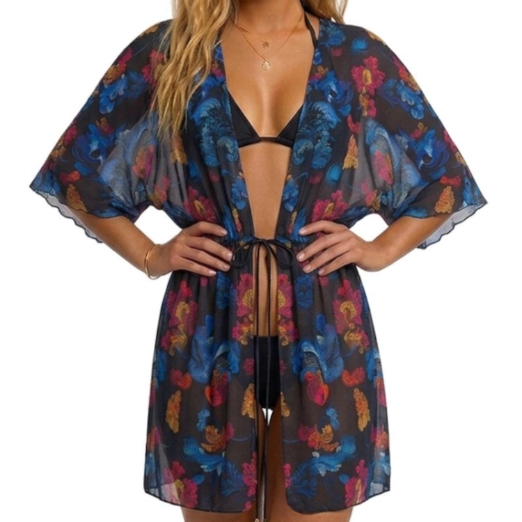 Ażurowe kimono plażowe z wiązaniem Self DP10P 53 granatowe – ujęcie 2